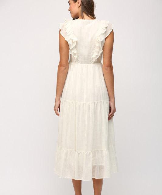 Tiered Midi Dress with Metallic Thread - Cream