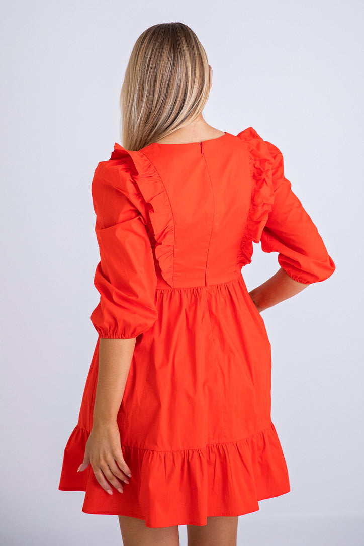 Tomato Poplin Ruffle Tier Dress