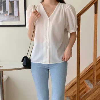 Trendywhere V-Neck Puff Sleeve Blouse