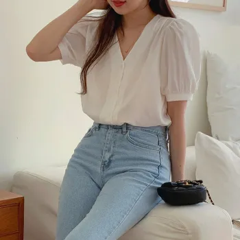 Trendywhere V-Neck Puff Sleeve Blouse