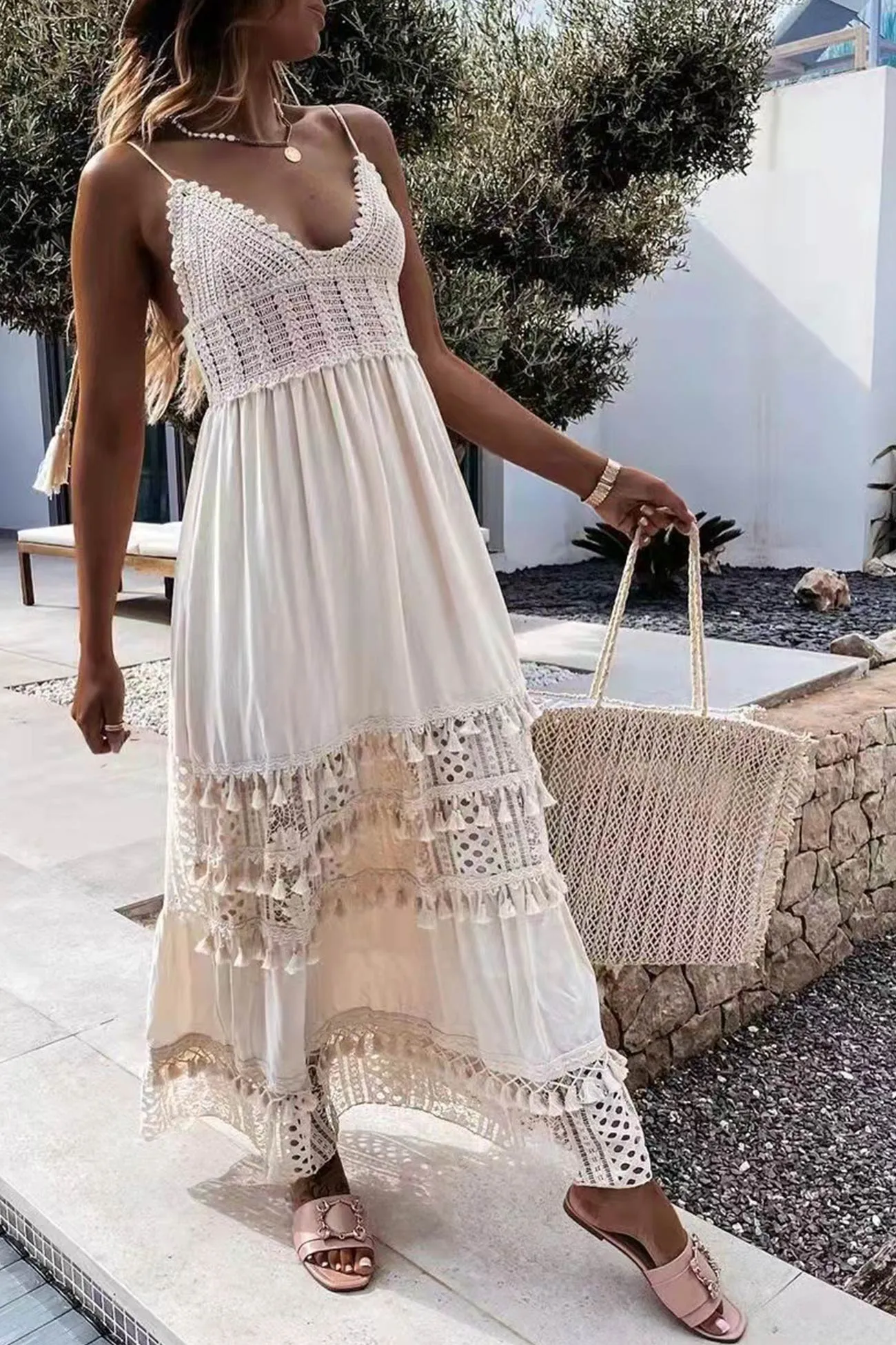 V Neck Lace Embroidery Chiffon Dress