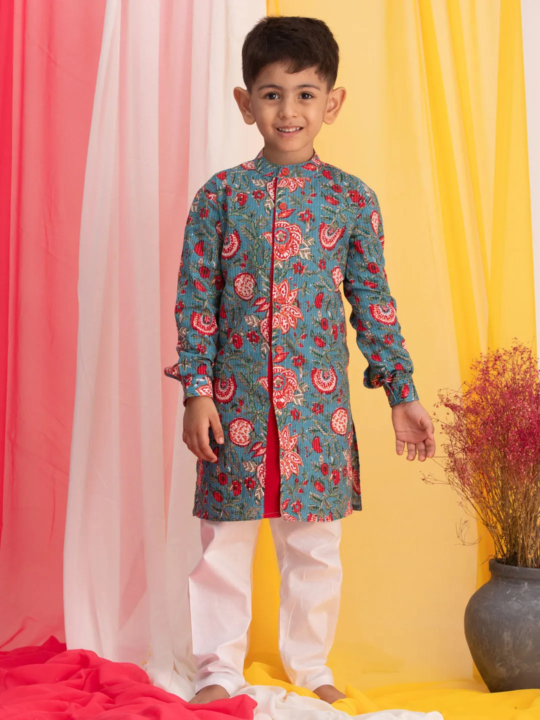 VASTRAMAY Blue Printed Cotton Festive Collection Sibling Set