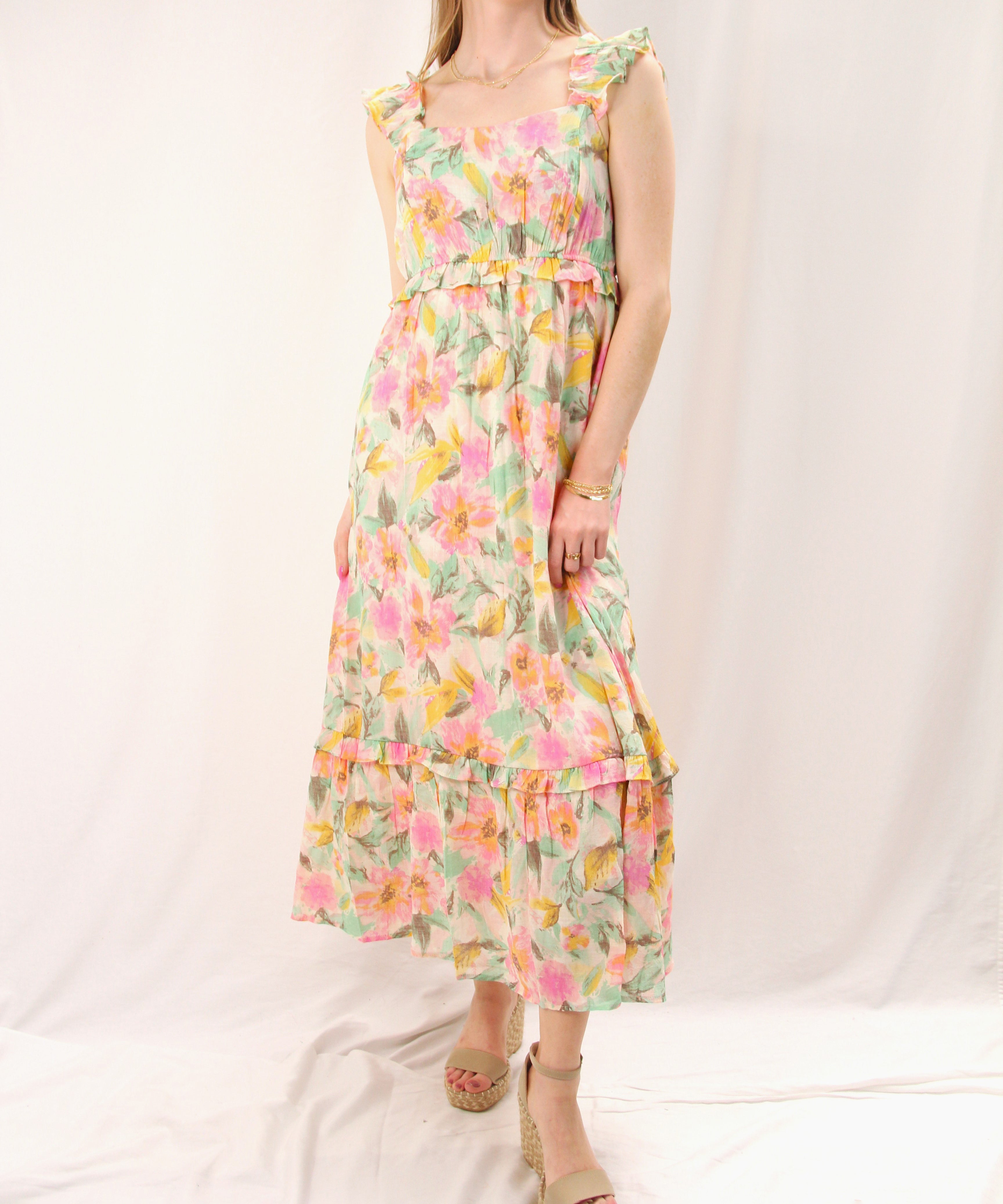 Watercolor Floral Midi Dress - Ivory Multi