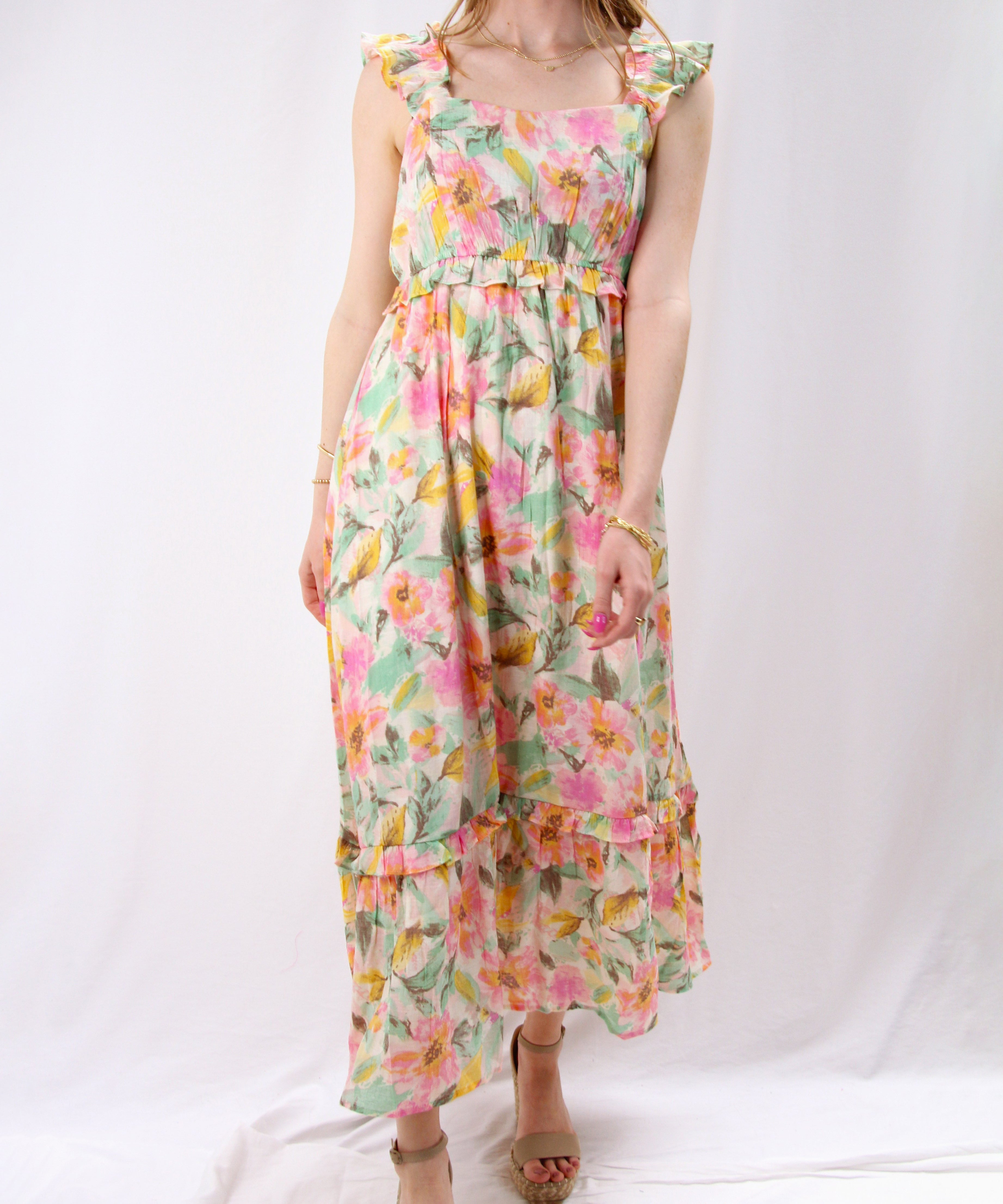 Watercolor Floral Midi Dress - Ivory Multi