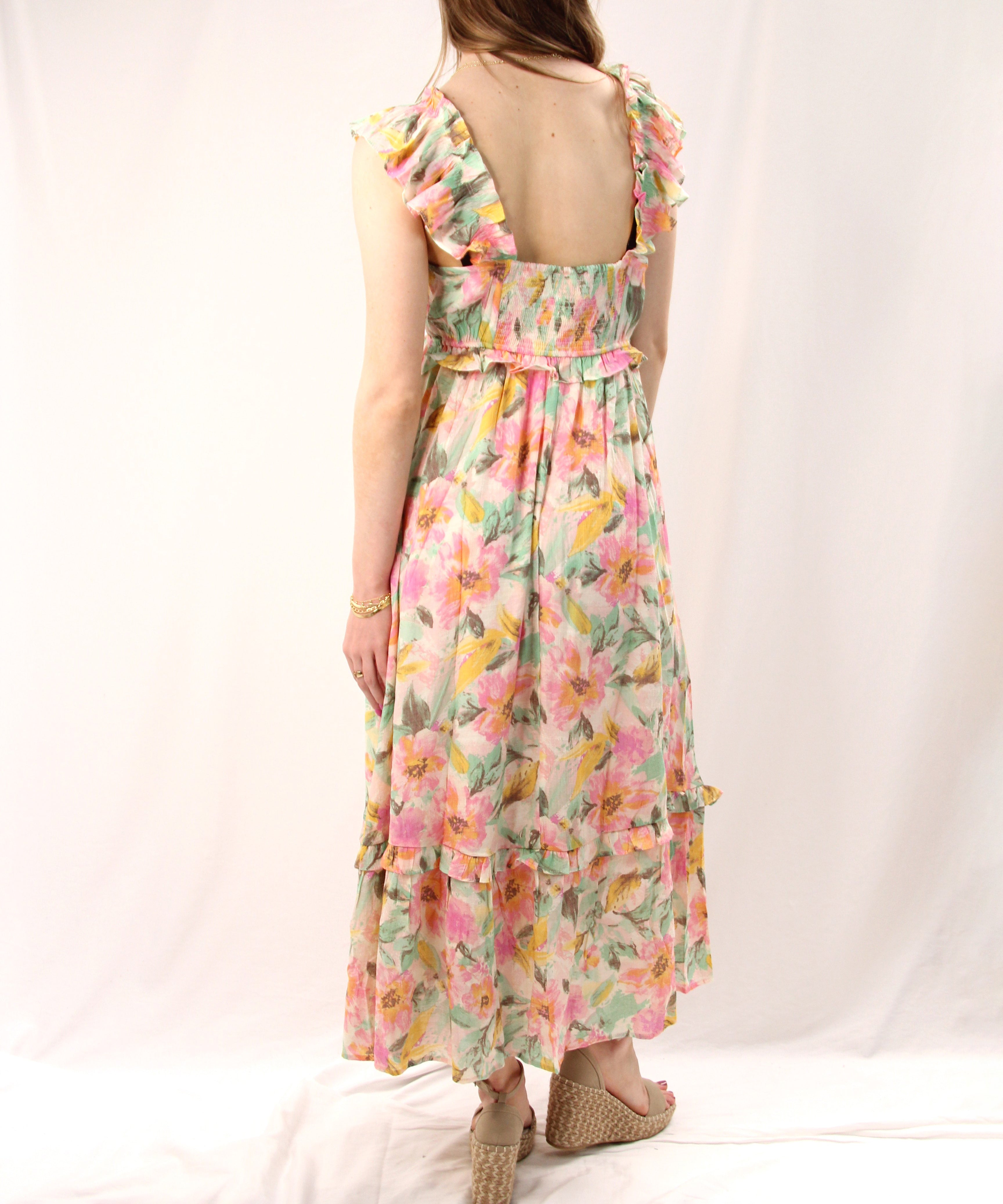 Watercolor Floral Midi Dress - Ivory Multi