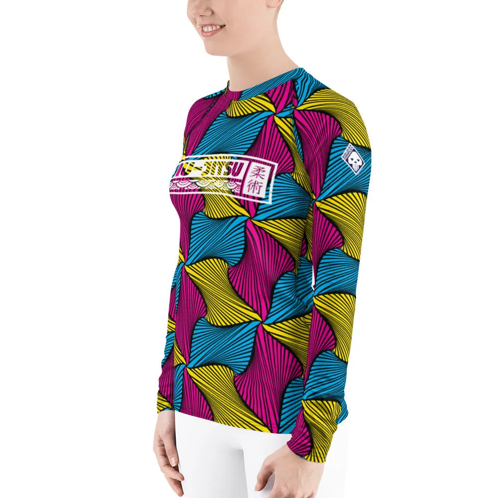 Women's Ankara Wax Print Rash Guard 001 - Long Sleeve No Gi BJJ Compression Rash Guard for Jiu Jitsu, MMA, Grappling and Wrestli