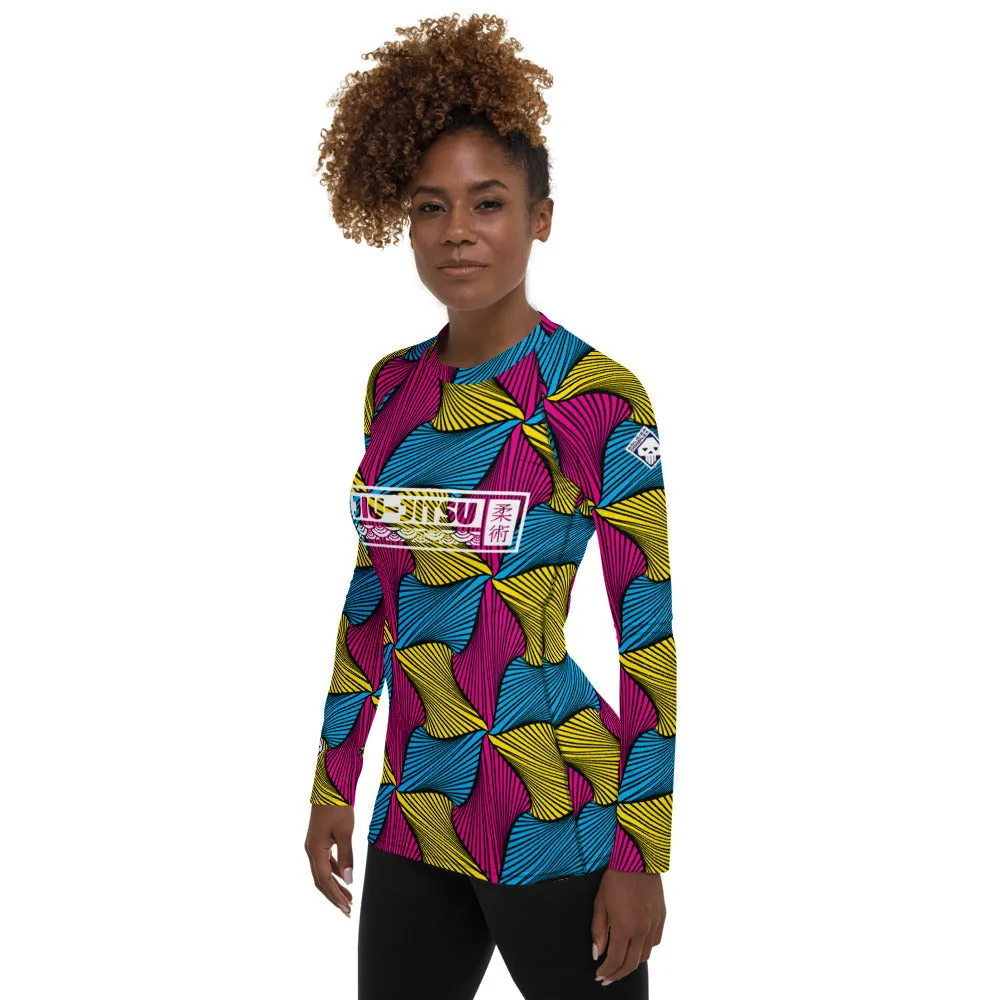 Women's Ankara Wax Print Rash Guard 001 - Long Sleeve No Gi BJJ Compression Rash Guard for Jiu Jitsu, MMA, Grappling and Wrestli