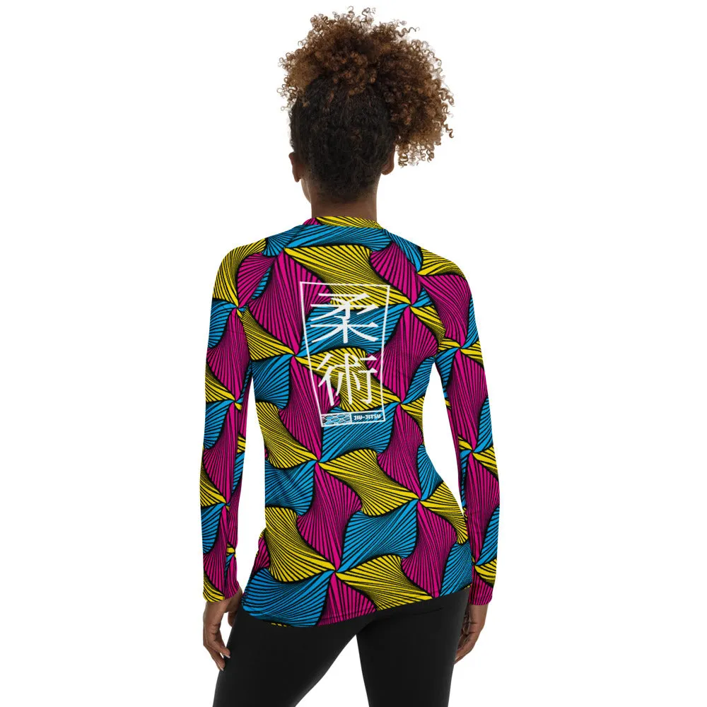 Women's Ankara Wax Print Rash Guard 001 - Long Sleeve No Gi BJJ Compression Rash Guard for Jiu Jitsu, MMA, Grappling and Wrestli