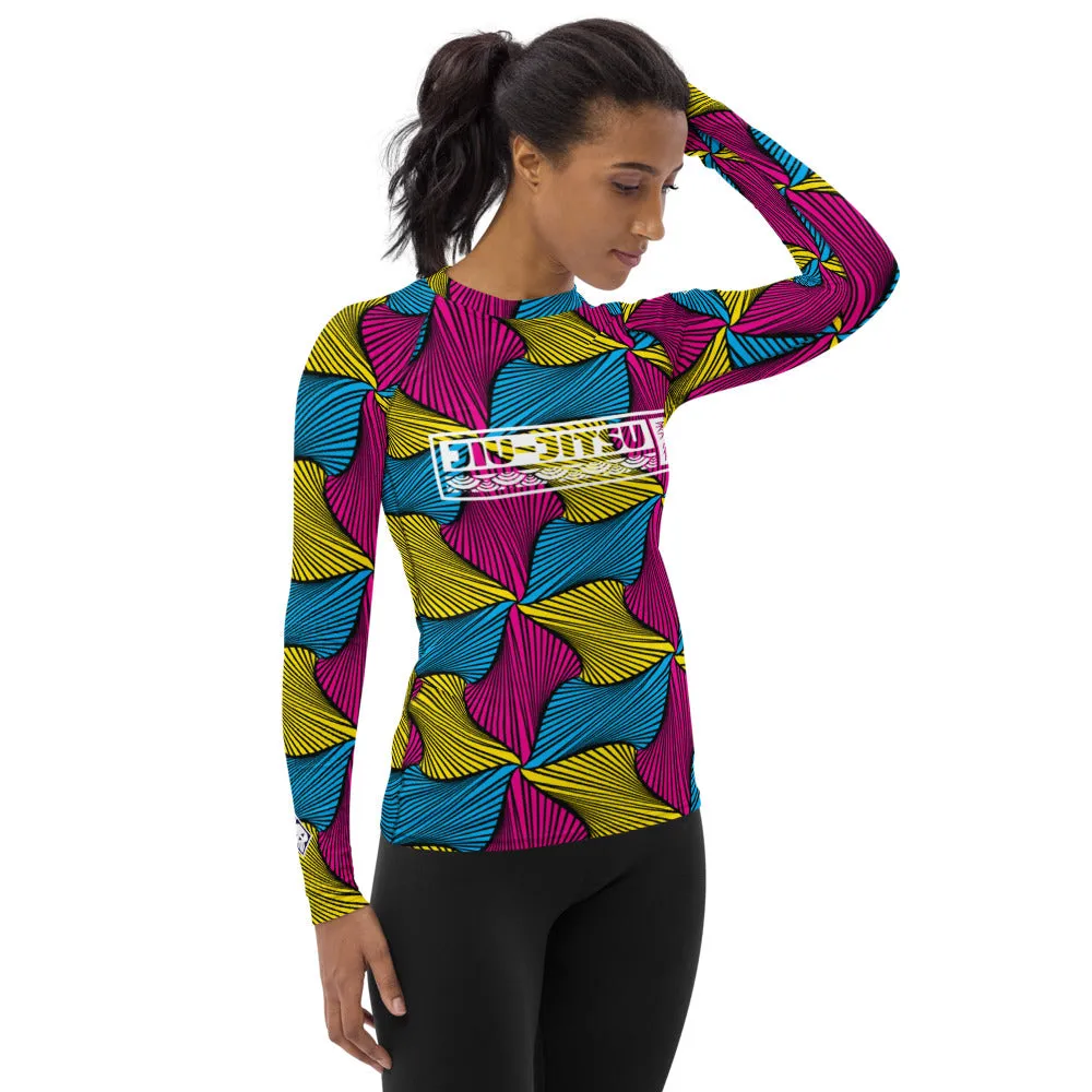 Women's Ankara Wax Print Rash Guard 001 - Long Sleeve No Gi BJJ Compression Rash Guard for Jiu Jitsu, MMA, Grappling and Wrestli