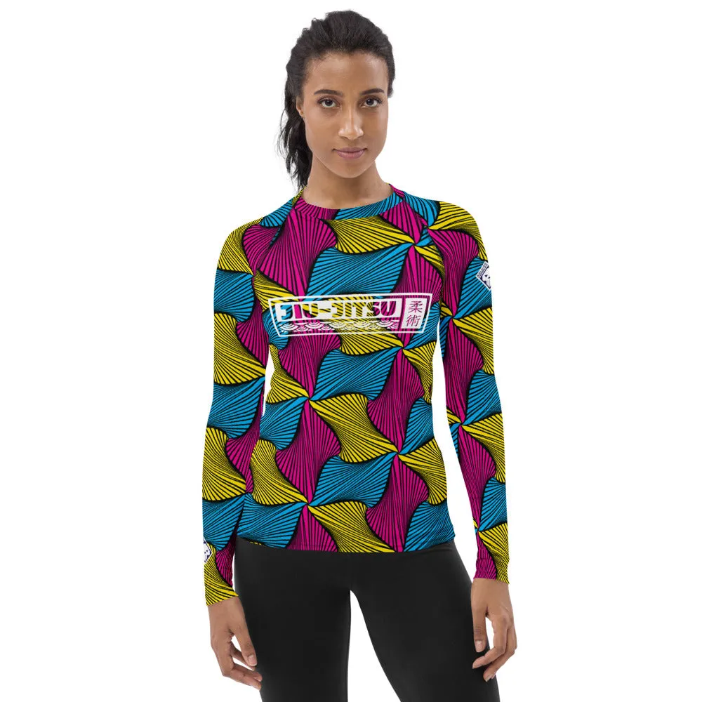 Women's Ankara Wax Print Rash Guard 001 - Long Sleeve No Gi BJJ Compression Rash Guard for Jiu Jitsu, MMA, Grappling and Wrestli