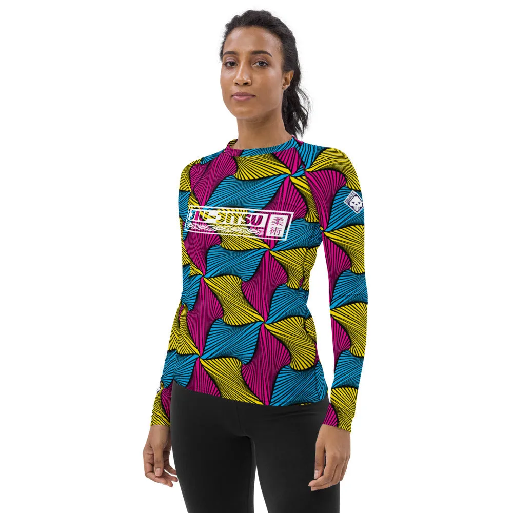 Women's Ankara Wax Print Rash Guard 001 - Long Sleeve No Gi BJJ Compression Rash Guard for Jiu Jitsu, MMA, Grappling and Wrestli