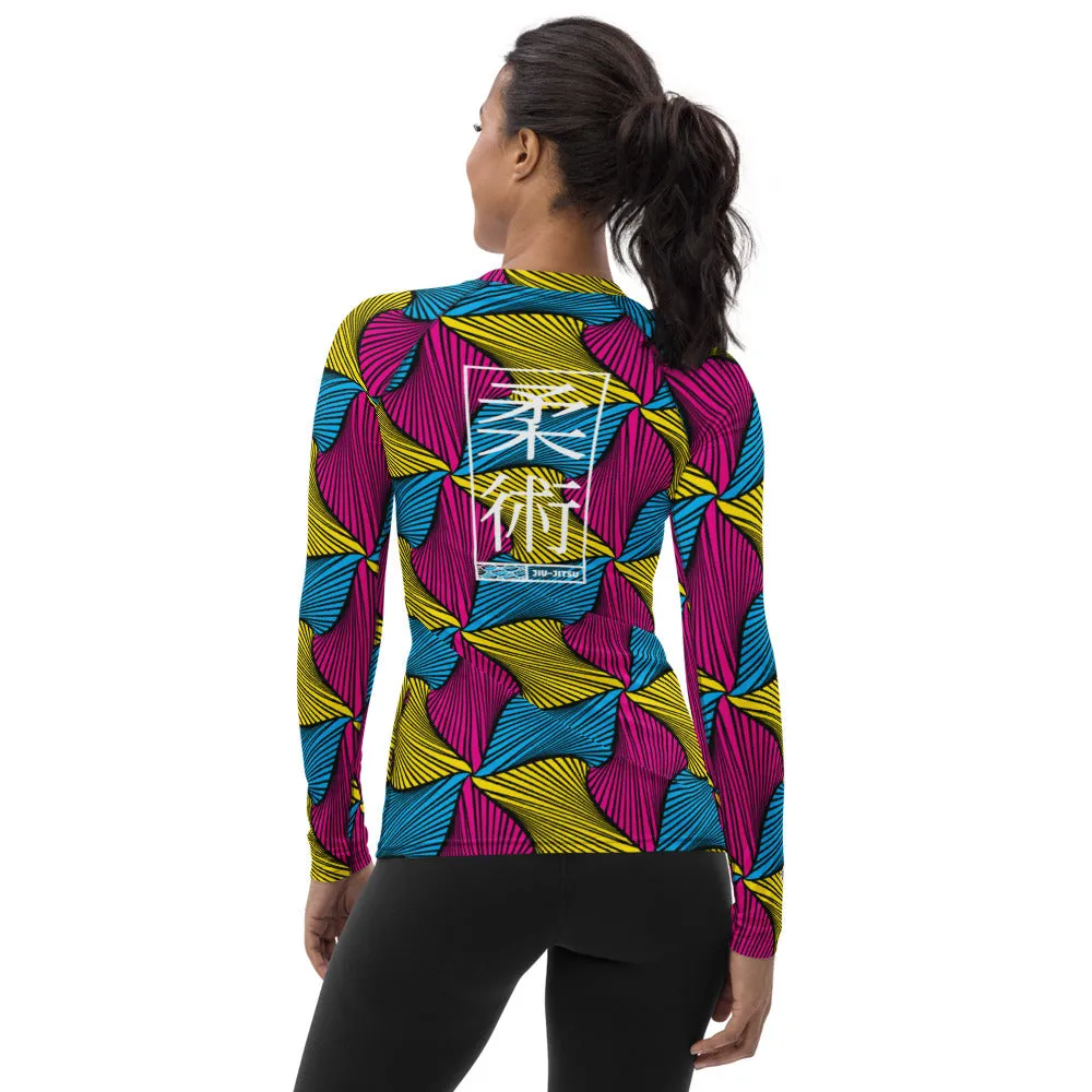 Women's Ankara Wax Print Rash Guard 001 - Long Sleeve No Gi BJJ Compression Rash Guard for Jiu Jitsu, MMA, Grappling and Wrestli