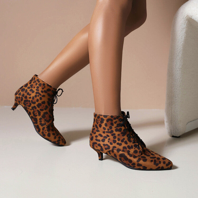 Women's Booties Leopard Print Flock Lace Up Kitten Heel Ankle Boots