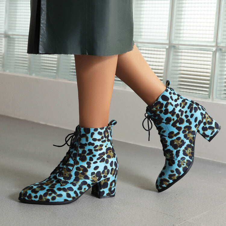 Women's Booties Leopard Print Flock Round Toe Lace Up Block Heel Ankle Boots