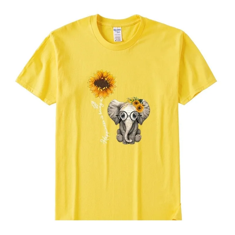 Women's Casual Elephant Sunflower Printed Short Sleeve Cotton T-shirts