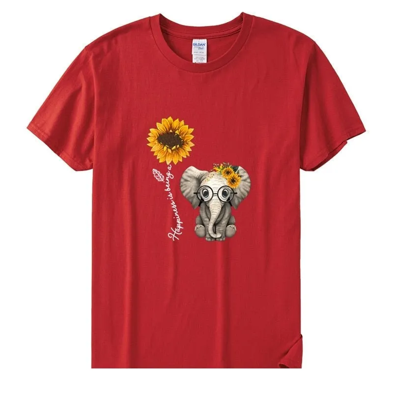 Women's Casual Elephant Sunflower Printed Short Sleeve Cotton T-shirts