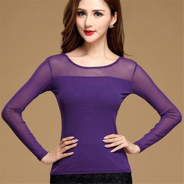 Women's Chiffon Lace Long Sleeve O-Neck Solid Sexy Blouse Shirts