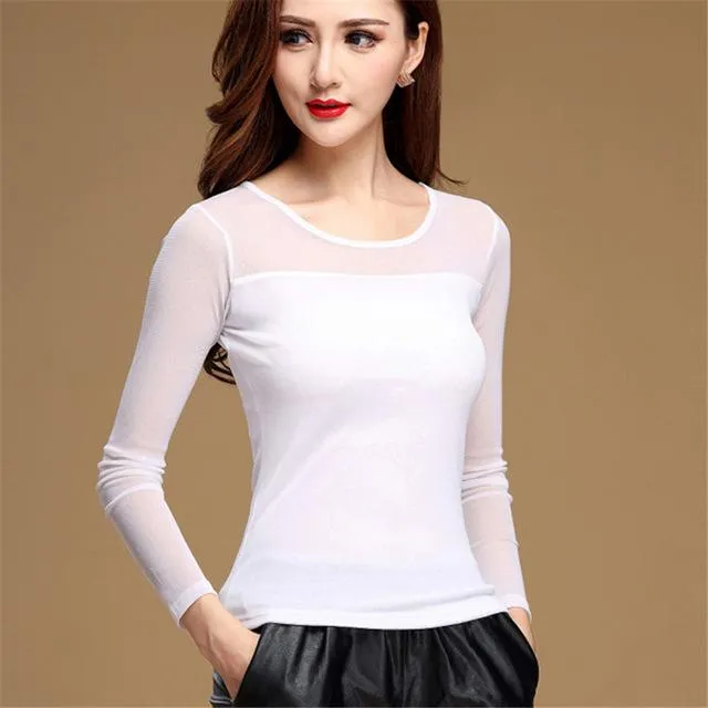 Women's Chiffon Lace Long Sleeve O-Neck Solid Sexy Blouse Shirts