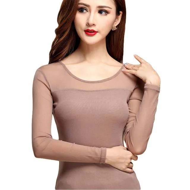 Women's Chiffon Lace Long Sleeve O-Neck Solid Sexy Blouse Shirts