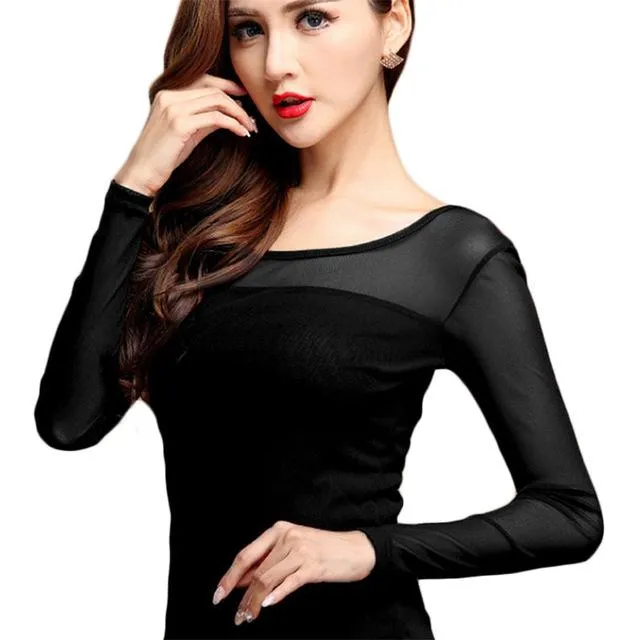 Women's Chiffon Lace Long Sleeve O-Neck Solid Sexy Blouse Shirts