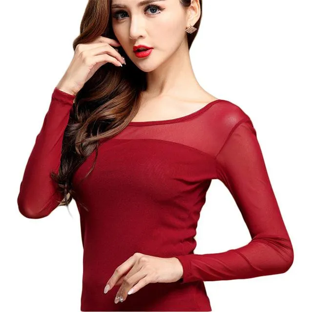 Women's Chiffon Lace Long Sleeve O-Neck Solid Sexy Blouse Shirts