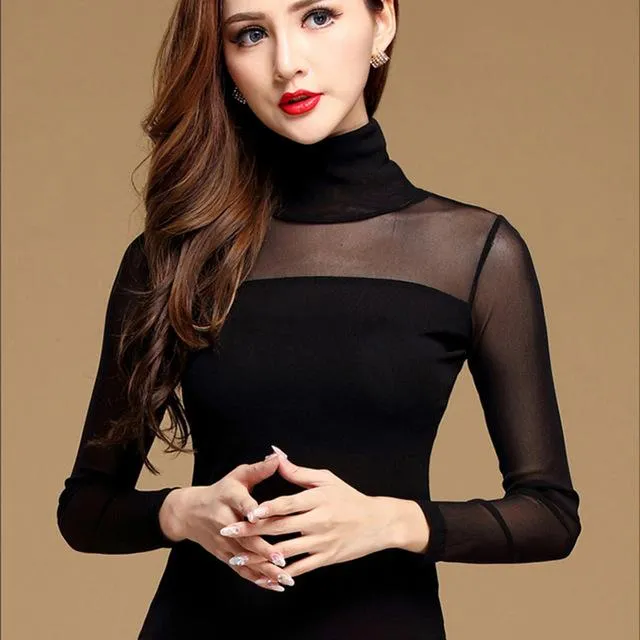 Women's Chiffon Lace Long Sleeve O-Neck Solid Sexy Blouse Shirts