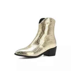 Women's Crocodile-print Pu Leather Pointed Toe Back Zippers Block Chunky Heel Cowboy Short Boots