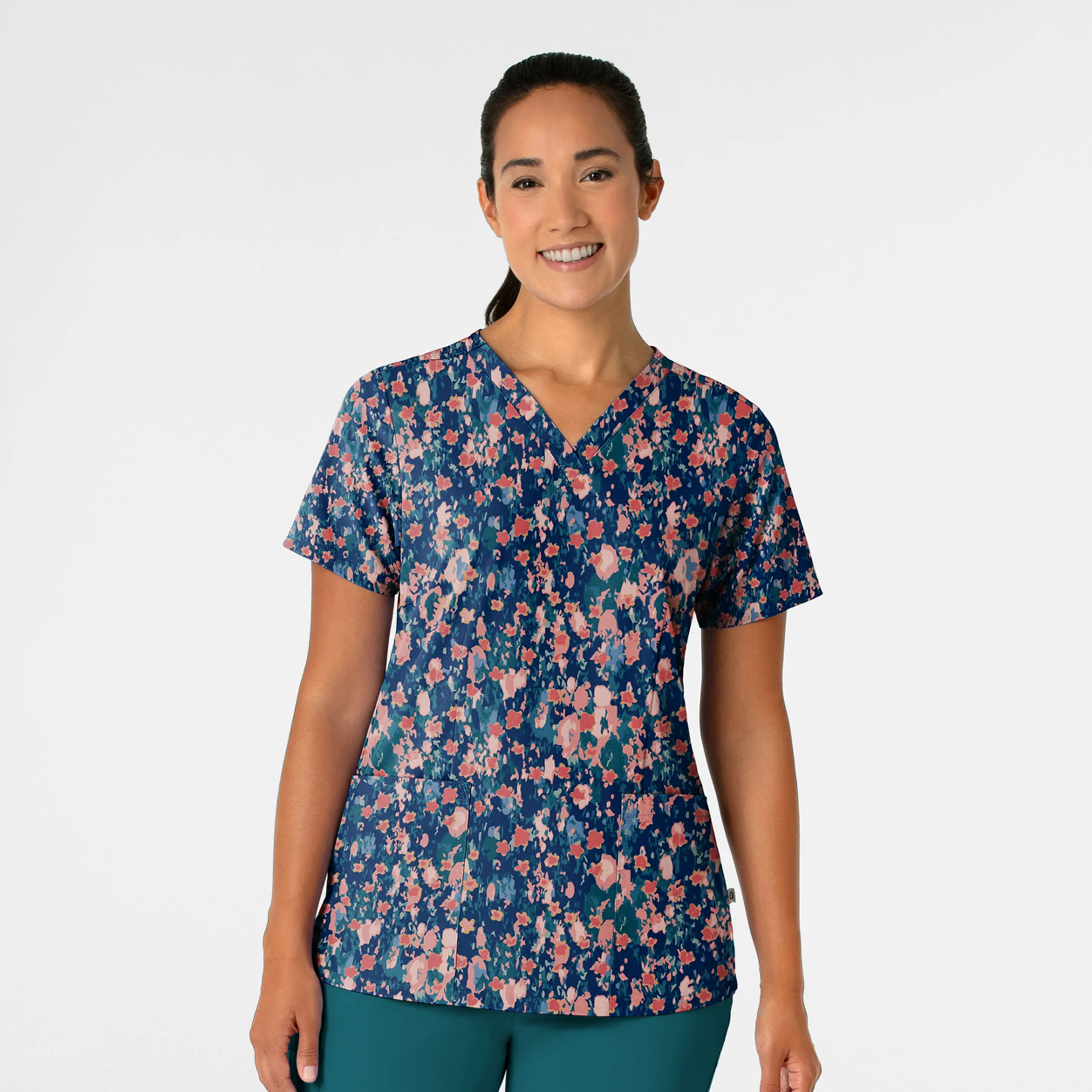 Women's Fitted 3-Pocket V-Neck Print Scrub Top - Flower Shower