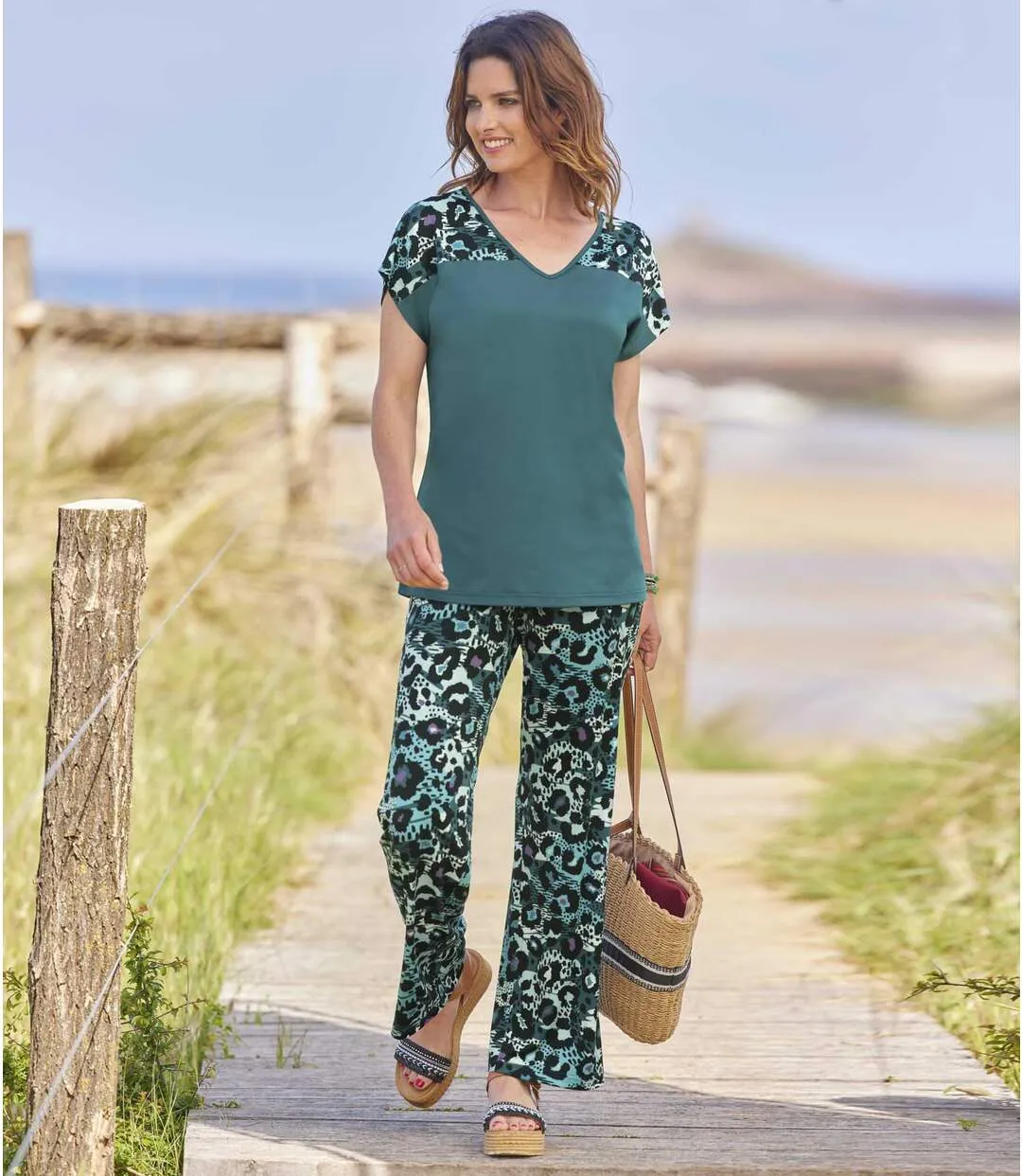 Women's Green Leopard Print Top & Trouser Set