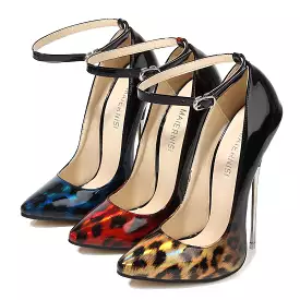 Women's Leopard Print Pointed Toe Shallow Ankle Strap Stiletto Heel Pumps