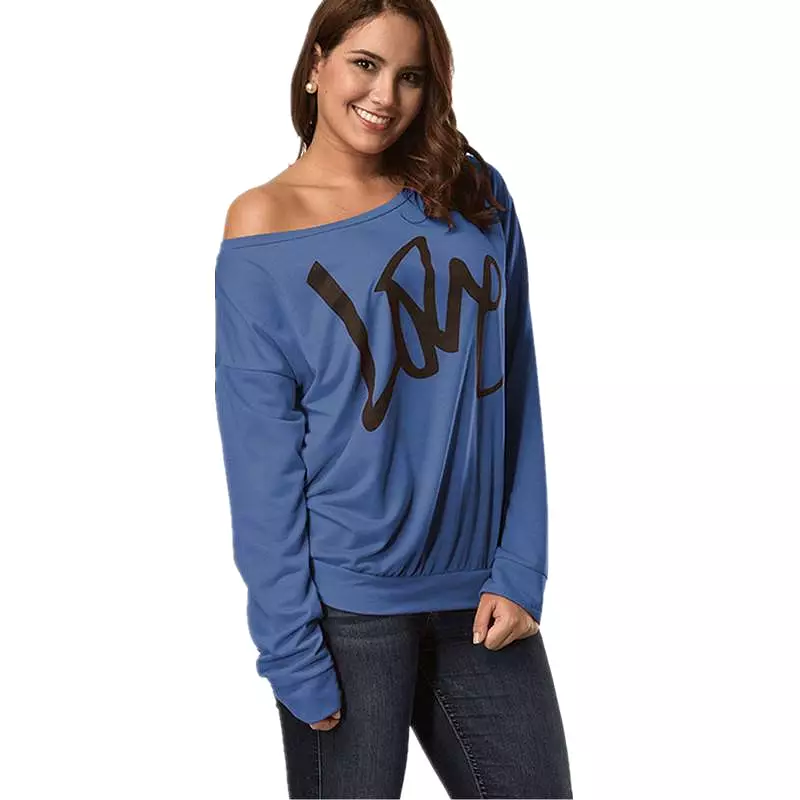 Women's Letter Love Print Sexy Off Shoulder Long Sleeve Tops