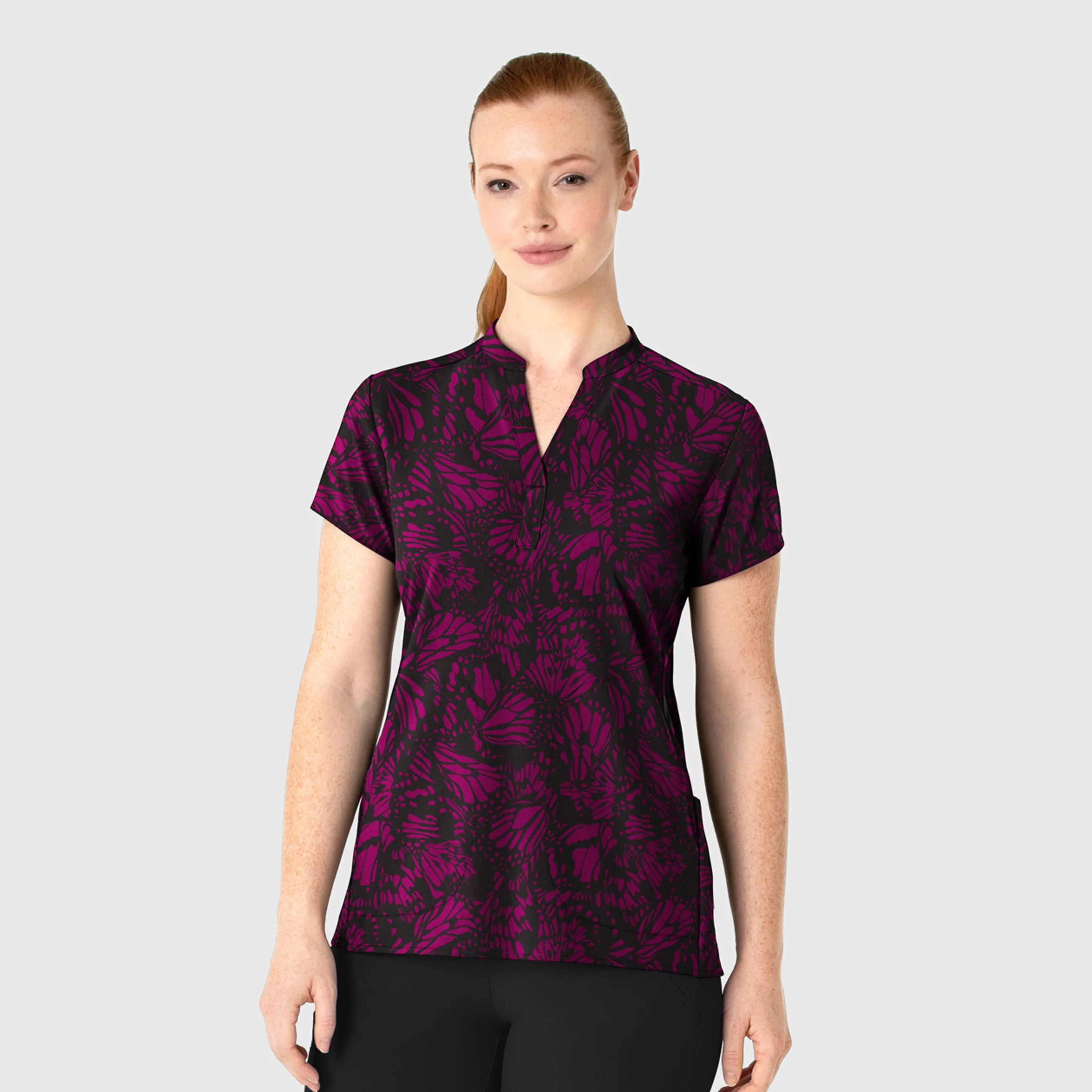 Women's Mandarin Collar Print Scrub Top - Sky Flutter Wine