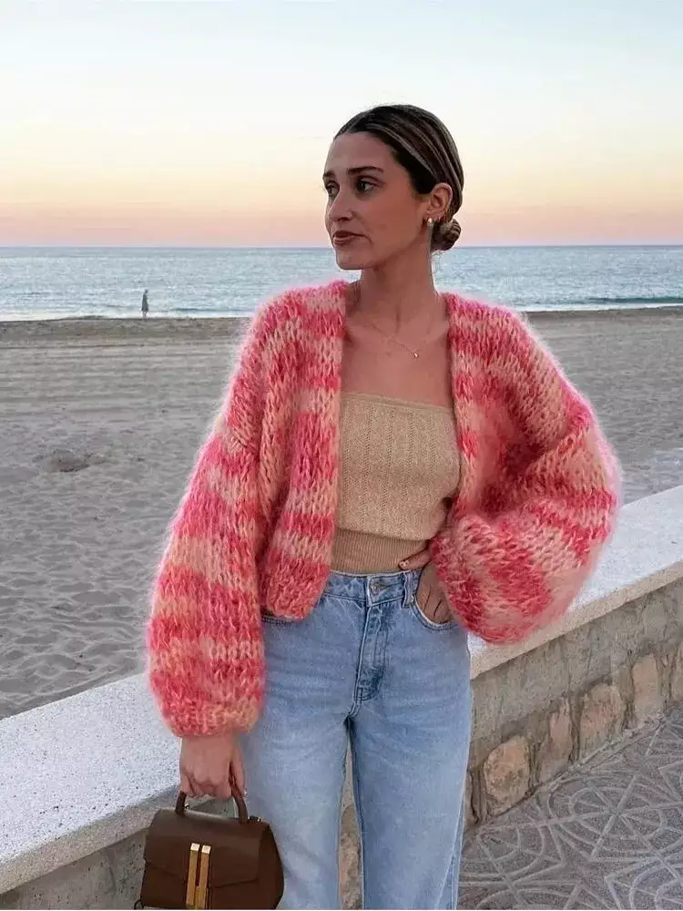 Women's Pink Plush Mohair Stripe Print Knit Cardigan